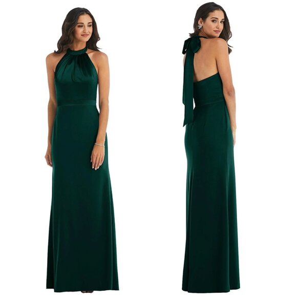 After Six Gown 6834 Halter Neck Charmeuse Crepe Dress Evergreen 6 NWT Small Flaw - Picture 1 of 12